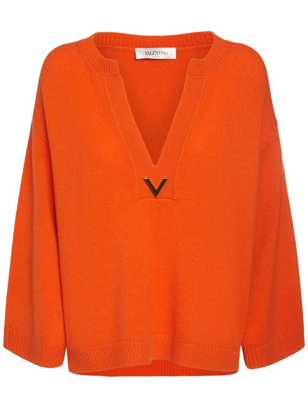 Valentino Bright Orange V-Neck Cashmere Sweater with Metal V